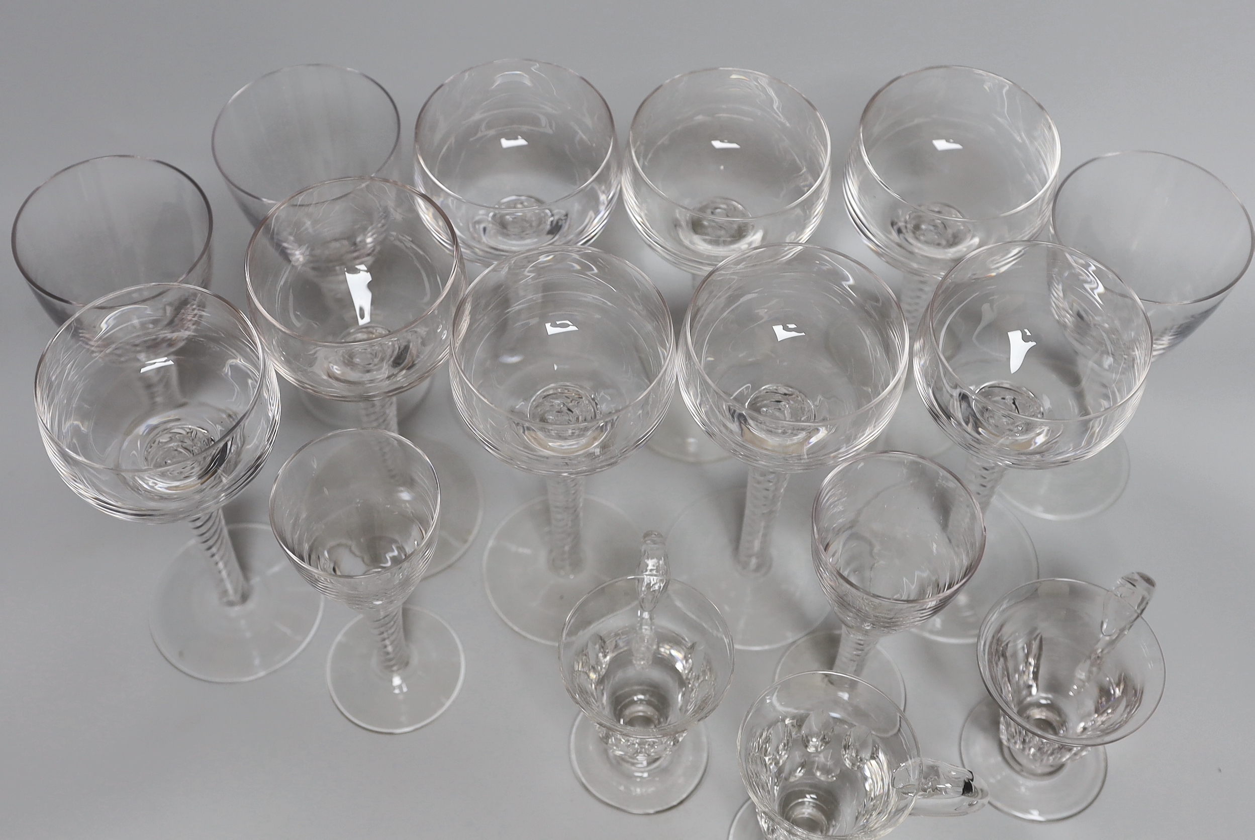 A set of eight 20th century air twist champagne coupe glasses, five others and five custard glasses